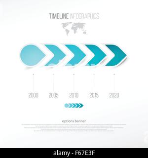 Frecce modello di pagina di intestazione con linea di tempo e infografico mappa del mondo. vettore web design elementi. Le icone di marketing Illustrazione Vettoriale