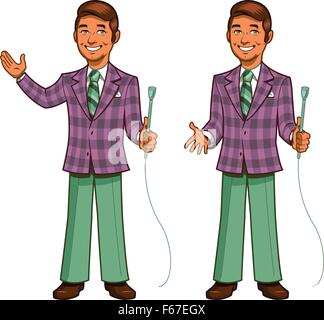 Retrò Classic TV Game Show Host con Cheesy sorriso e plaid camicia, in due pone Illustrazione Vettoriale