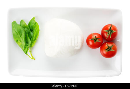 Il cibo italiano Verde Bianco Rosso bandiera italiana, basilico pomodoro mozzarella stoviglie rettangolare isolato su sfondo bianco Foto Stock
