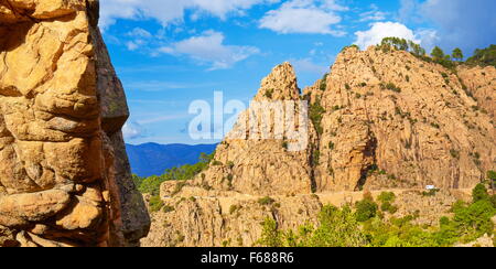 Vulcaniche di rocce rosse formazioni montagne, Les Calanches, Piana, Corsica, Francia, UNESCO Foto Stock