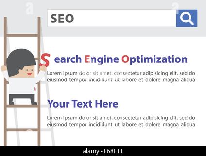 Imprenditore fare ottimizzazione per i motori di ricerca o di SEO, vettore EPS10 Illustrazione Vettoriale