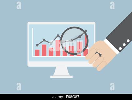Imprenditore mano che tiene la lente di ingrandimento la focalizzazione sul business grafico in monitor, vettore EPS10 Illustrazione Vettoriale