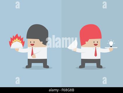 Imprenditore tenendo il vassoio con il fuoco e la lampadina della luce di idea Hot deal e Idea concetto, vettore EPS10 Illustrazione Vettoriale