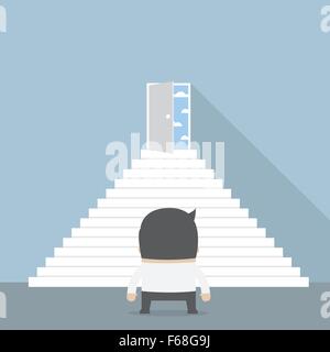 Imprenditore in piedi nella parte anteriore dei gradini e guardando la libertà porta, vettore, EPS10 Illustrazione Vettoriale