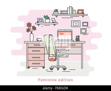 Posto di lavoro femminile sala interna Illustrazione Vettoriale