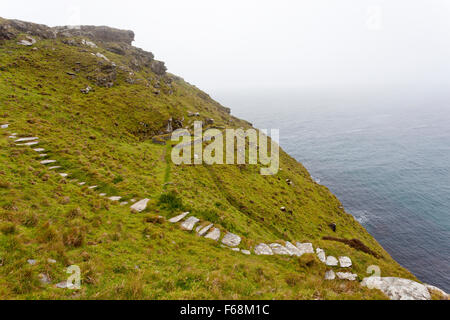 Confine di una scogliera di percorso tra le rovine del castello di Tintagel (inglese) del patrimonio in Cornovaglia, England, Regno Unito Foto Stock