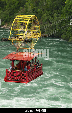 Idromassaggio Aero auto. I turisti vista fiume Niagara idromassaggio da questo cavo auto. Niagara Parks, Ontario, Canada. Foto Stock