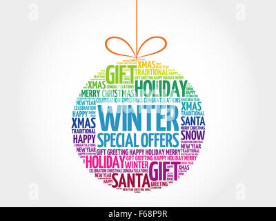 Offerte invernali palla di Natale word cloud, vacanze lettering collage Foto Stock