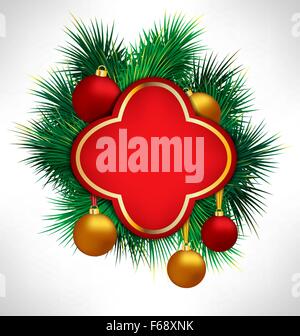 La cornice rossa su rami di pino con le palle di Natale Illustrazione Vettoriale
