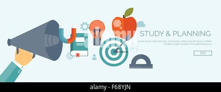 Illustrazione Vettoriale. Education management , corsi online, esercitazioni web, l'e-learning. Studio , processo creativo. Potenza della conoscenza. Target, Apple, lampadina. Illustrazione Vettoriale