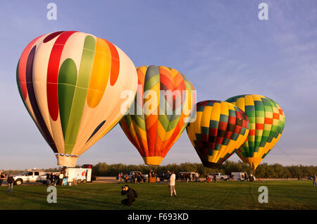 4 palloncini tethered ottenere pronto a salire, la folla al di sotto sul campo. Foto Stock