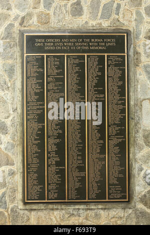 I nomi degli ufficiali e uomini provenienti dalla Birmania le forze sul Rangoon Memorial presso Taukkyan Cimitero di guerra nei pressi di Yangon, Myanmar. Foto Stock