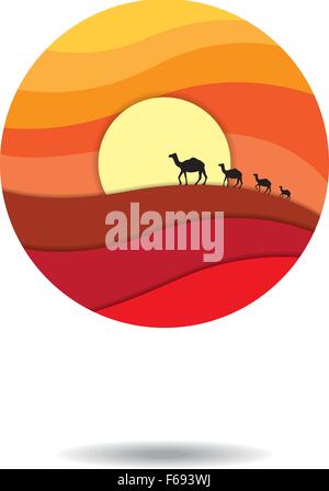 Isolato deserto astratto logo in sfondo bianco. mostra dune di sabbia, sun e cammelli Illustrazione Vettoriale