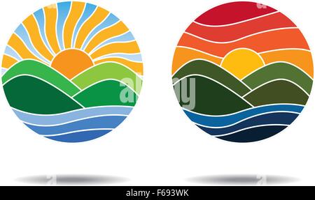 Alba e tramonto loghi. mostra sul fiume, sulle montagne, sky e sun Illustrazione Vettoriale