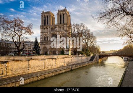 Notre Dame de Paris Cathedral e il Fiume Senna su un morbido inverno. La luce del mattino. Ile de la Cite, 4th Arrondissement, Parigi Foto Stock