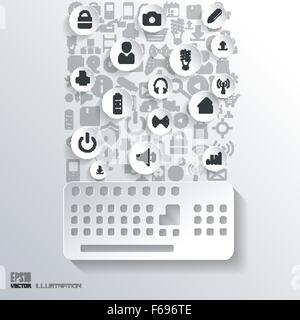 Icona della tastiera. Piatto sfondo astratto con web icone. Simboli di interfaccia. Il cloud computing. I dispositivi mobili.la concezione di business. Illustrazione Vettoriale