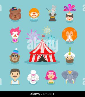 Circus set di icone. Raccolta di elementi di clown, animali da circo, tenda del circo e altri Illustrazione Vettoriale