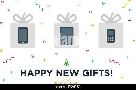 Felice Natale regali Scheda con gadget in scatola regalo bianca ed elementi di design moderno Illustrazione Vettoriale