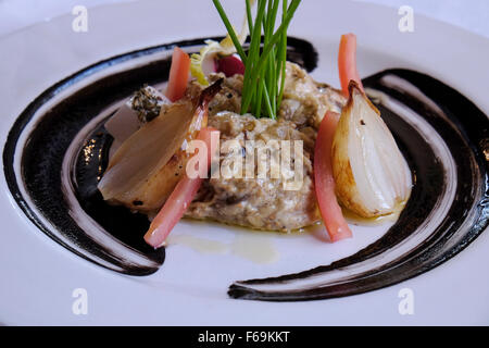 Un piatto di bruciò le melanzane con la cipolla e il nero o Tehina Tahini pasta oleosa realizzato dalla massa tostato mondati di semi di sesamo Foto Stock