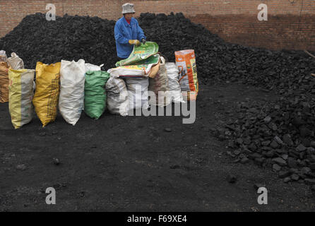 Una donna borse di blocchi di carbone a un negozio di carbone in un villaggio in GuAn, 50km a Pechino, nella provincia di Hebei (Cina). Foto Stock