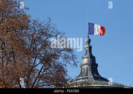 Parigi, Francia. Xv Nov, 2015. La bandiera francese vola a mezz' asta sul tetto del Grand Palais Museum di Parigi (Francia), 15 novembre 2015. Almeno 129 persone sono state uccise in una serie di attacchi terroristici a Parigi il 13 novembre 2015. Credito: dpa picture alliance/Alamy Live News Foto Stock