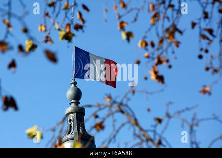 Parigi, Francia. Xv Nov, 2015. La bandiera francese vola a mezz' asta sul tetto del Grand Palais Museum di Parigi (Francia), 15 novembre 2015. Almeno 129 persone sono state uccise in una serie di attacchi terroristici a Parigi il 13 novembre 2015. Credito: dpa picture alliance/Alamy Live News Foto Stock