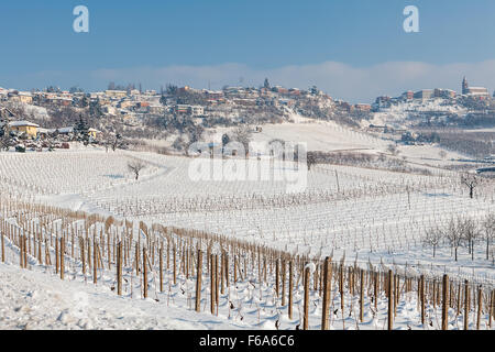 Filari di vigneti coperti di neve bianca sotto il cielo blu in inverno in Piemonte, Italia settentrionale. Foto Stock