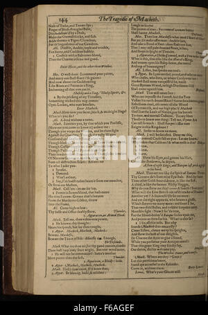 Pagina 14 dal primo libro di William Shakespeare "la tragedia di Macbeth", una delle sue tragedie più famose. Il primo Folio conserva questo testo iconico, centrale per l'impatto di Shakespeare sulla letteratura e sul teatro. Foto Stock