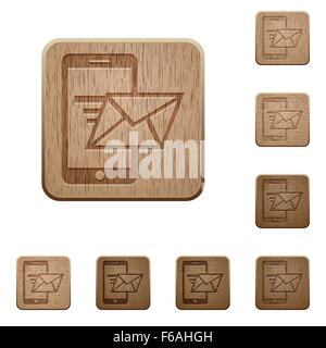 Set di legno intagliato inviare mail pulsanti. 8 Varianti incluso. Disposti strato di struttura. Illustrazione Vettoriale