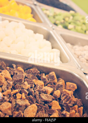 Frozen yogurt condimenti bar. Yogurt condimenti che spaziano dalla frutta fresca, frutta secca, fresh-cut caramelle, sciroppi e spruzza. Foto Stock