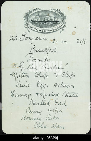 Nuova Zelanda Shipping Company SS Tongariro prima colazione [menu] 241896 Foto Stock