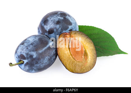 Prugna frutti con foglie verde Foto Stock