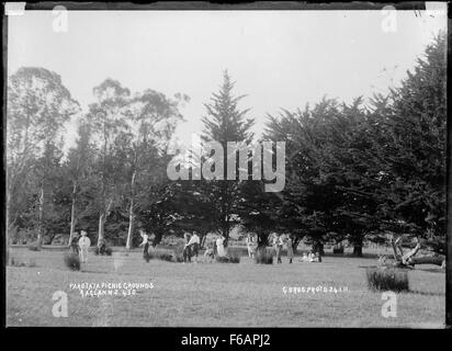 Questa fotografia, scattata dai fratelli Gilmour, cattura il parco picnic di Paritata a Raglan. L'immagine mette in evidenza la bellezza naturale dell'area, mostrando il paesaggio e lo spazio ricreativo in questa parte panoramica della nuova Zelanda. Foto Stock