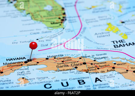 L'Avana imperniata su una mappa di America Foto Stock
