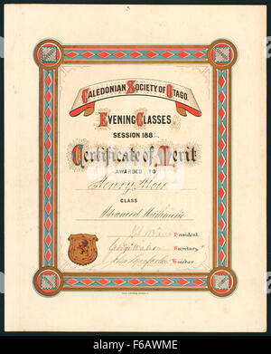 Caledonian Società di Otago classi serali sessione 1882 Certificato di Foto Stock