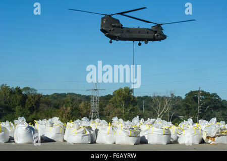 Stati Uniti I soldati della 2-238th supporto generale del battaglione di aviazione, Carolina del Sud Esercito Nazionale Guardia, consegnare sacchetti di sabbia con un CH-47 elicottero Chinook alla diga di violato canal at The Riverfront Canal Park in Columbia, S.C., il 7 ottobre 2015. La Carolina del Sud la Guardia Nazionale è stata attivata per il supporto di stato e contea di gestione di emergenza e le agenzie locali di prima emergenza come storico impatti di allagamento contee statewide. Attualmente più di 2.600 in Carolina del Sud la guardia nazionale i membri sono stati attivati in risposta alle inondazioni. (U.S. Air National Guard foto di Tech. Sgt. Jorge Intriago/R Foto Stock