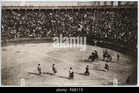 Un dipinto dinamico che raffigura una corrida nella Plaza de Toros di città del Messico. L'opera d'arte cattura l'intensità della tradizione della corrida, mostrando matador, cavalli, tori e la folla, rispecchia il patrimonio culturale di questo sport di influenza spagnola. Foto Stock