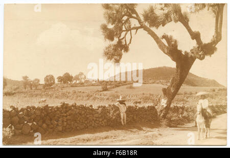 Questa cartolina fotografica vintage Real Photo (RPPC) cattura gli uomini in piedi accanto a un muro di pietra vicino a una chiesa. L'immagine presenta un'architettura tradizionale e una vita rurale, con cavalli visibili sullo sfondo. Foto Stock