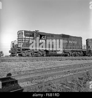 Questa fotografia storica cattura il Diesel Electric Road Switcher No. 435 della Southern Pacific in azione in un deposito ferroviario. L'immagine evidenzia l'importanza delle locomotive diesel nel trasporto ferroviario del XX secolo. Foto Stock