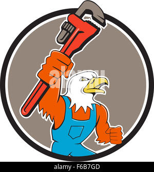 Illustrazione di un american aquila calva plumber holding Monkey Wrench guardando al lato impostato all'interno del cerchio fatto in stile cartoon. Foto Stock
