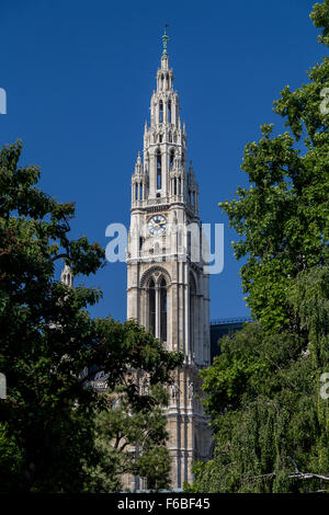 L'orologio principale torre sul Rathaus (Municipio di Vienna durante il giorno. Alberi può essere visto. Foto Stock