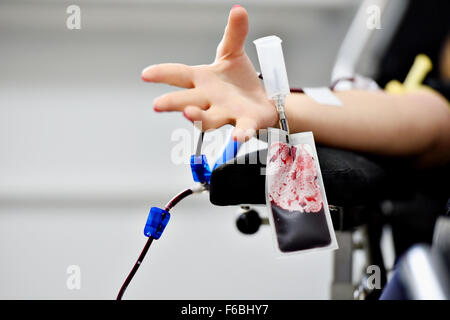 Dettaglio con la mano di un donatore di sangue e una plastica sacca di sangue in un ospedale Foto Stock