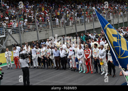 Il Brasile. 15 Novembre, 2015. Motorsports: FIA Formula One World Championship 2015, il Gran Premio del Brasile, F1 driver durante l inno nazionale Credito: dpa picture alliance/Alamy Live News Foto Stock