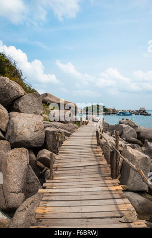 Dock in legno a costa, isola di Koh Nang Yuan, anche Nangyuan, Koh Tao, Golfo di Thailandia, Tailandia Foto Stock