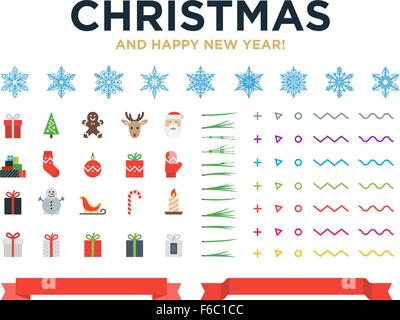 Buon Natale e Felice Anno Nuovo design moderno degli elementi del vettore con i fiocchi di neve, le icone di aghi di pino rosso nastri Illustrazione Vettoriale