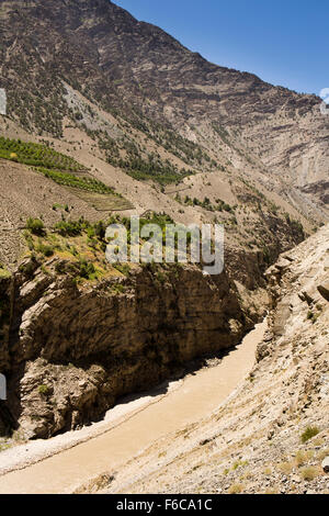 India, Himachal Pradesh, Kinnaur, Akpa Khas, Fiume Sutlej in ripida gola Foto Stock