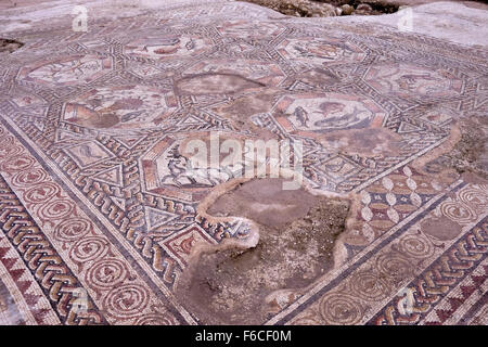 Un mosaico di 1,700 anni fa, che serviva come pavimentazione per il cortile in una villa durante i periodi romano e bizantino nella città centrale israeliana di Lod Israele Foto Stock