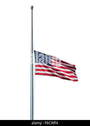 La metà del montante di bandiera americana concetto isolato con il simbolo degli Stati Uniti volare a bassa quota sul pennone o personale su un Foto Stock
