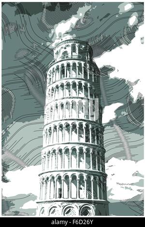 Famosa torre pisana resi con effetti di incisione. Illustrazione Vettoriale