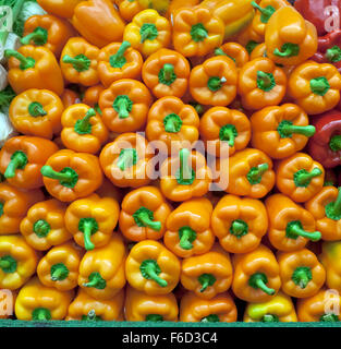 Freschi i peperoni per la vendita al mercato di Chelsea a New York Foto Stock